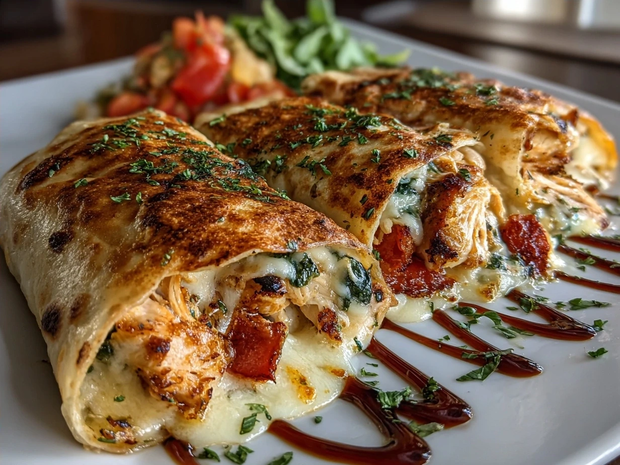 Crispy Air Fryer Chicken Mozzarella Wraps plated with dipping sauces and fresh salad