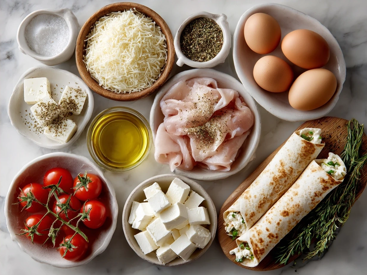 Ingredients for Air Fryer Chicken Mozzarella Wraps including chicken breasts, shredded mozzarella, tortillas and spices