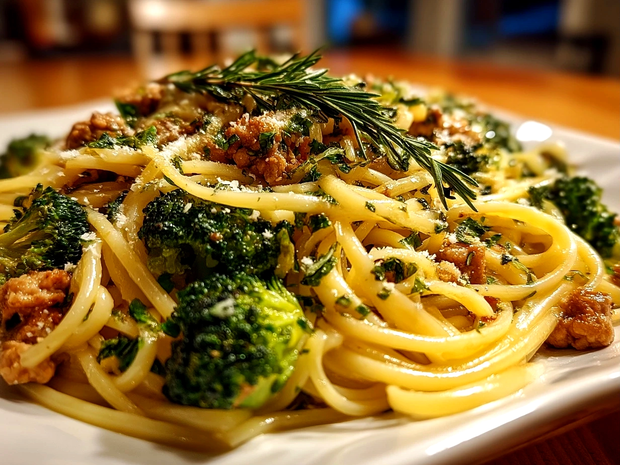 Close up of finished delicious ground turkey broccoli pasta served in a kitchen setting