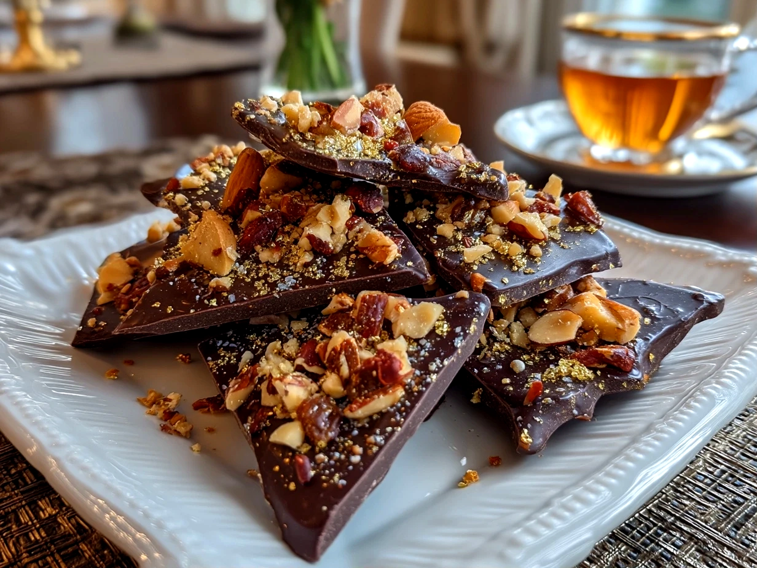 Close-up of finished homemade chocolate date bark on a kitchen counter