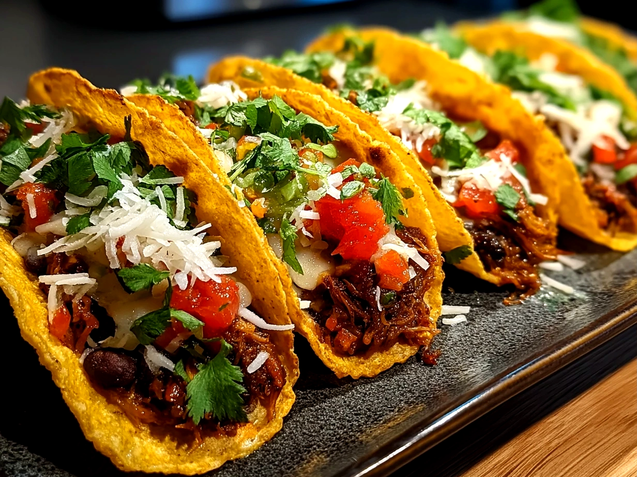 Freshly prepared delicious black bean tacos served warm