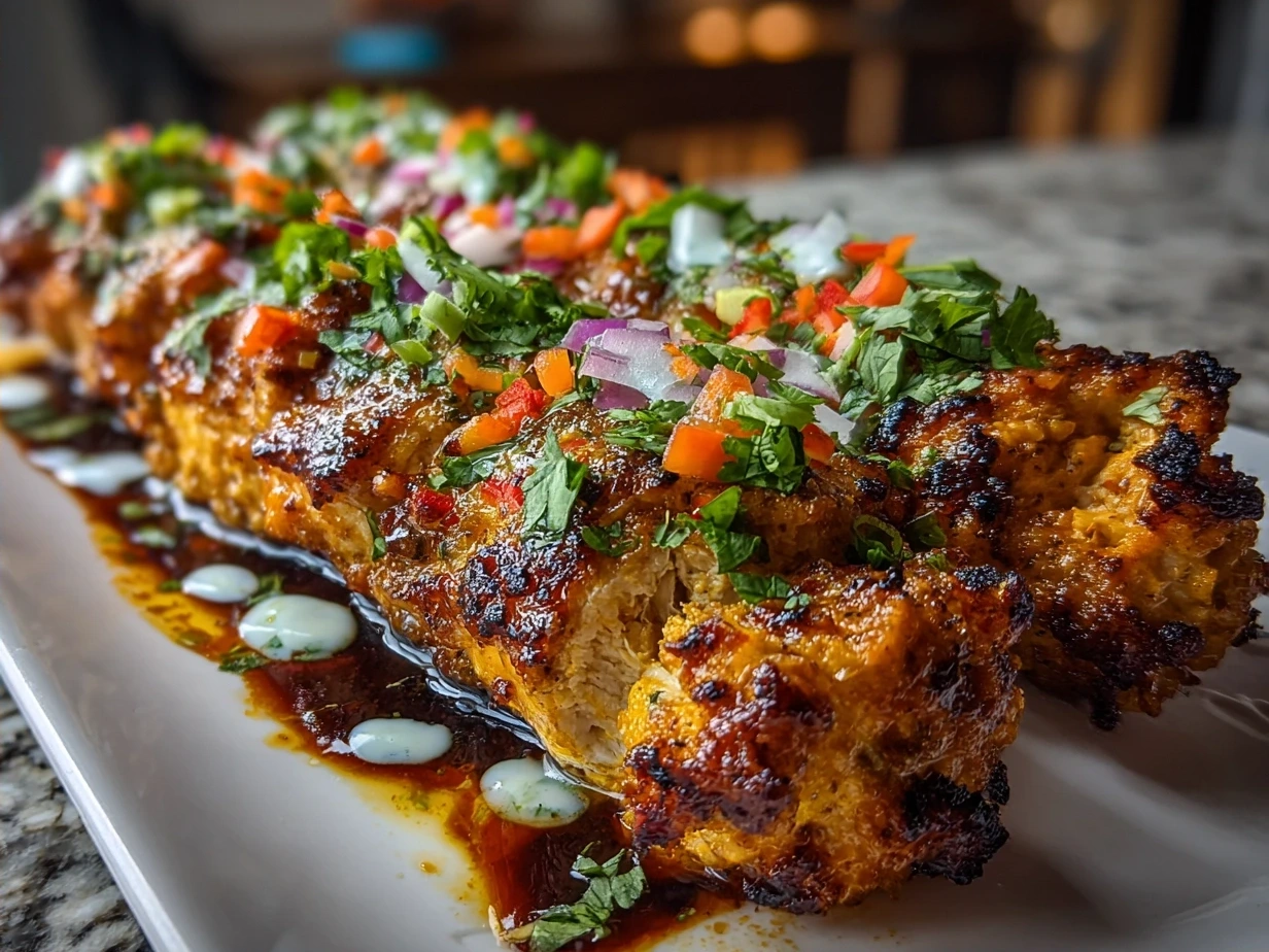 Bang Bang Chicken Skewers served with lime wedges and fresh herbs