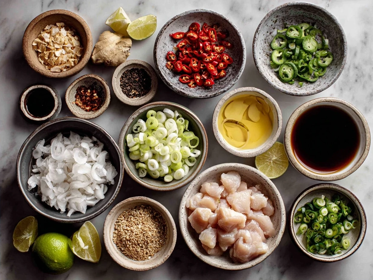 Ingredients for Bang Bang Chicken Skewers including chicken thighs, sauce ingredients, and skewers