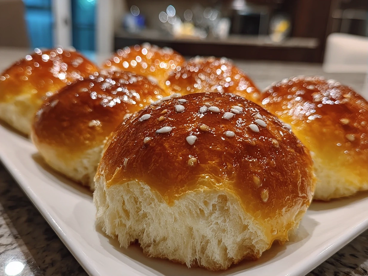 Beautiful finished Japanese Milk Bread Rolls, golden, soft, and puffed up, arranged warmly on a kitchen surface.