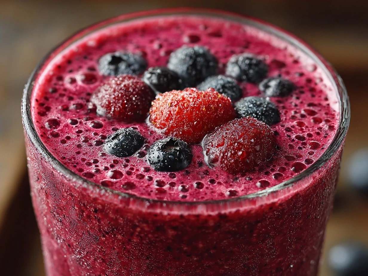 Finished Berry Spinach Smoothie served in a tall glass with berries and chia seeds on top