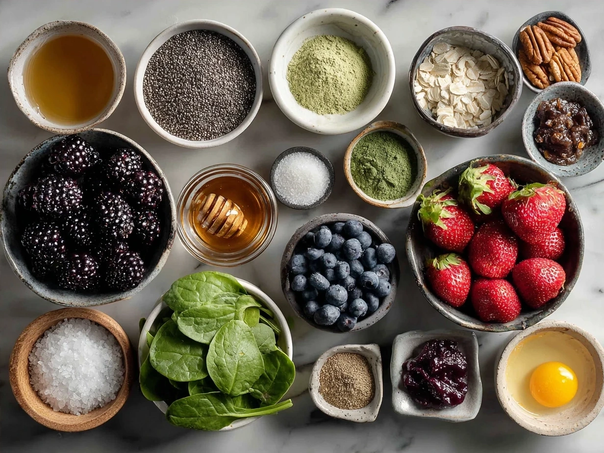 Ingredients for Berry Spinach Smoothie including spinach, mixed berries, banana, almond milk, chia seeds, vanilla extract, and honey