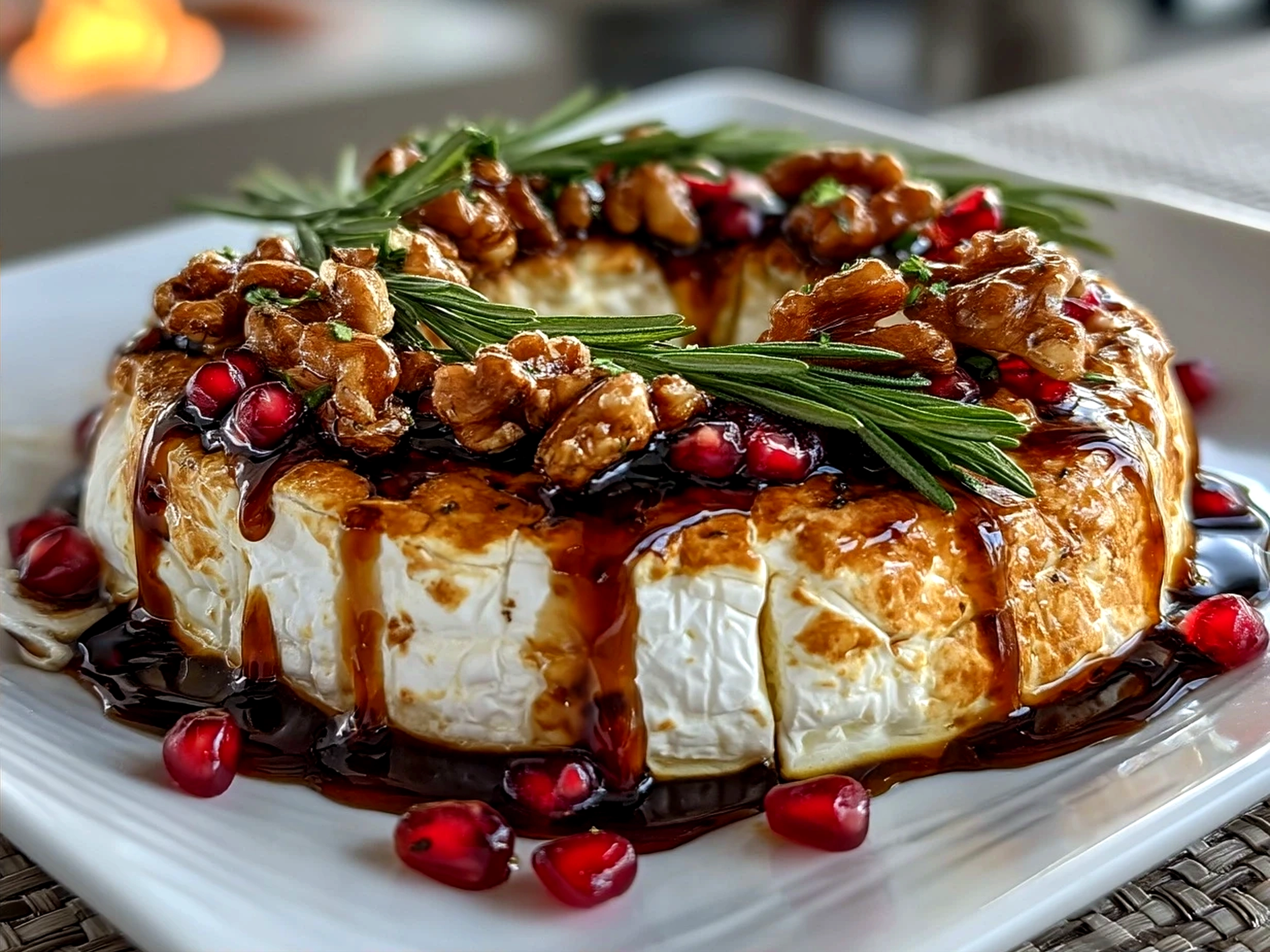 Final baked Brie Cheese Wreath served with crackers and fresh fruit