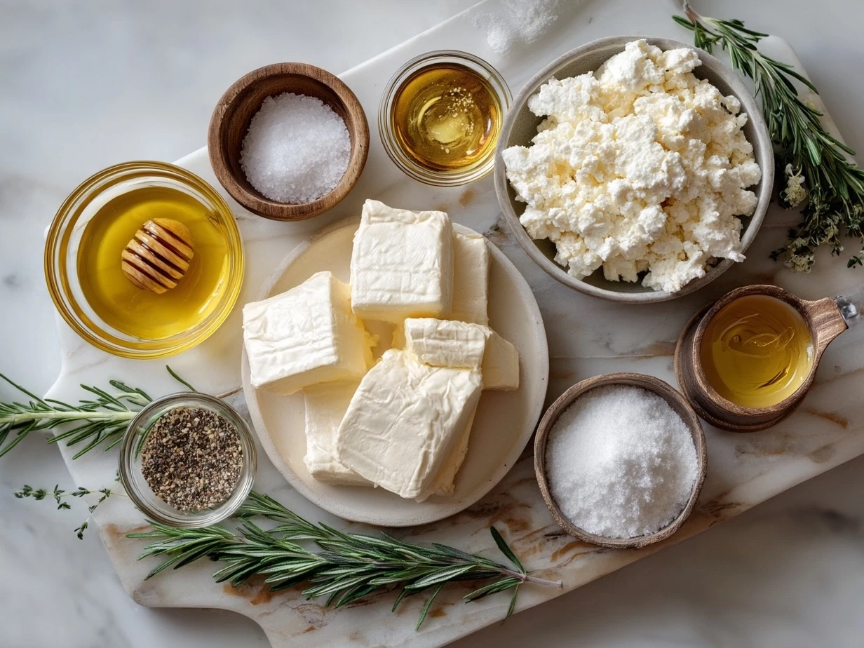 Ingredients for Brie Cheese Wreath including puff pastry, Brie cheese, chopped walnuts, fruit jam, and eggs
