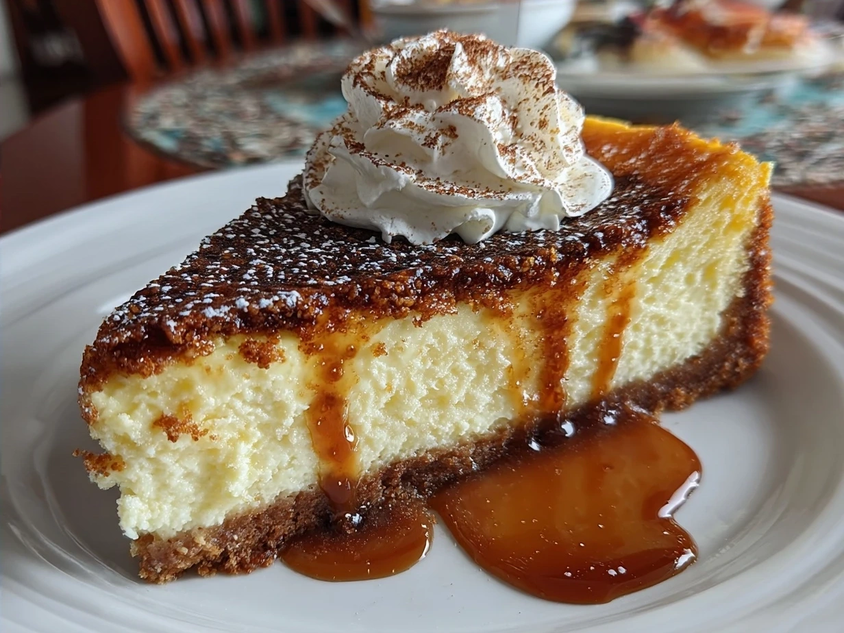 Slice of finished Brown Butter Cheesecake with a rustic backdrop