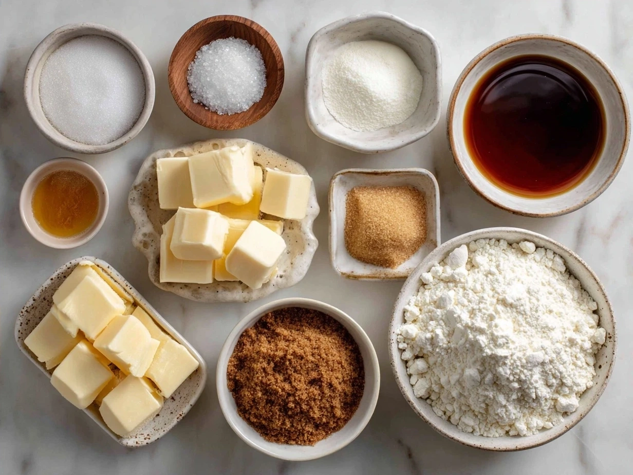 Ingredients for Brown Butter Cheesecake on a rustic counter
