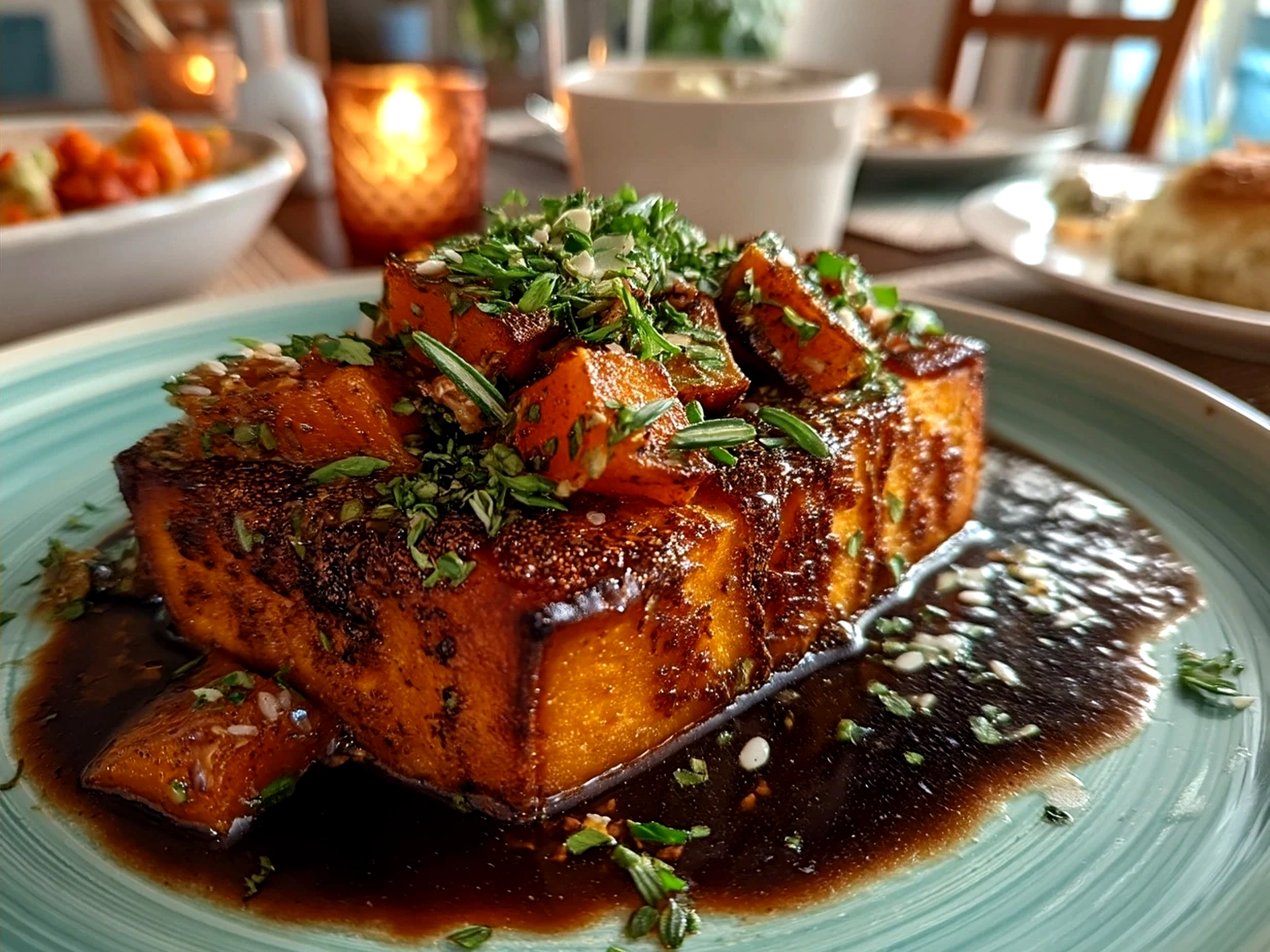 Plated roasted Butternut Squash served with herbs and balsamic glaze