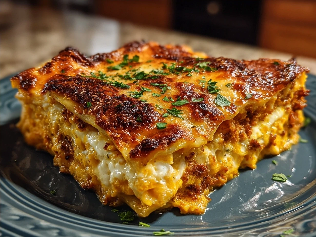 A freshly baked Butternut Squash Lasagna slice served on a plate, layered with creamy sauce and cheeses
