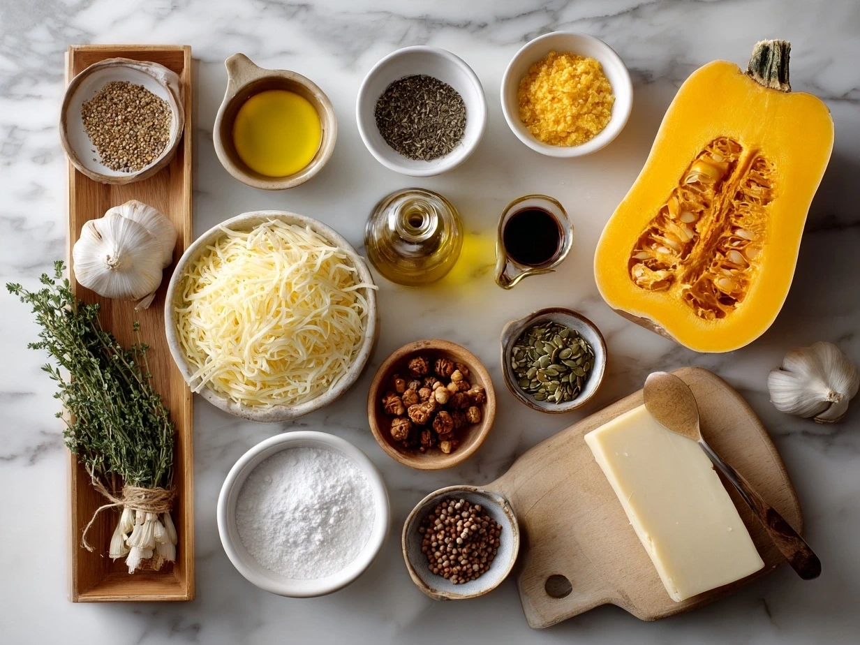Ingredients for Butternut Squash Lasagna laid out on a table with squash, cheeses, noodles, and herbs