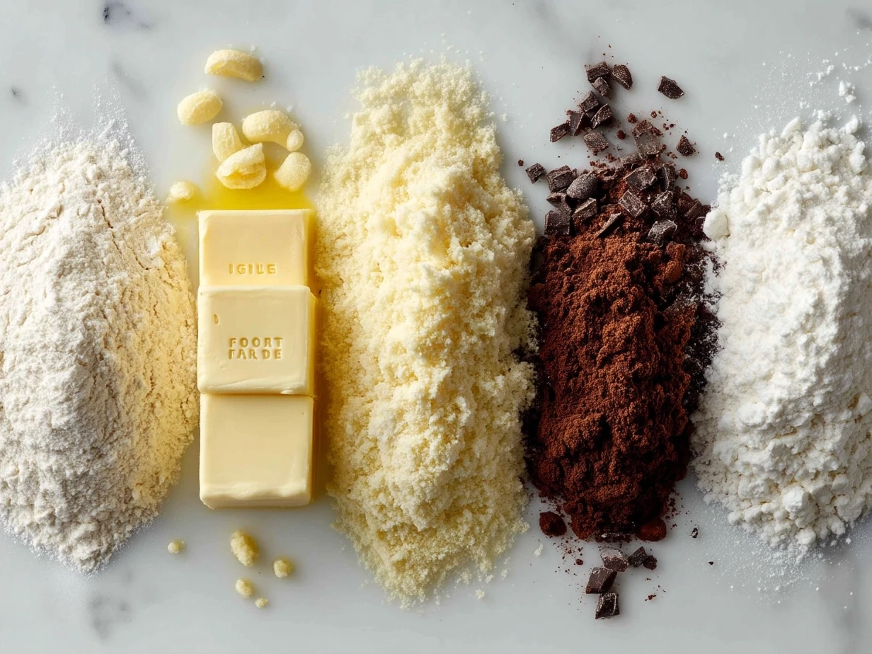 Ingredients for Cake Mix Cookies including cake mix box, eggs, and chocolate chips