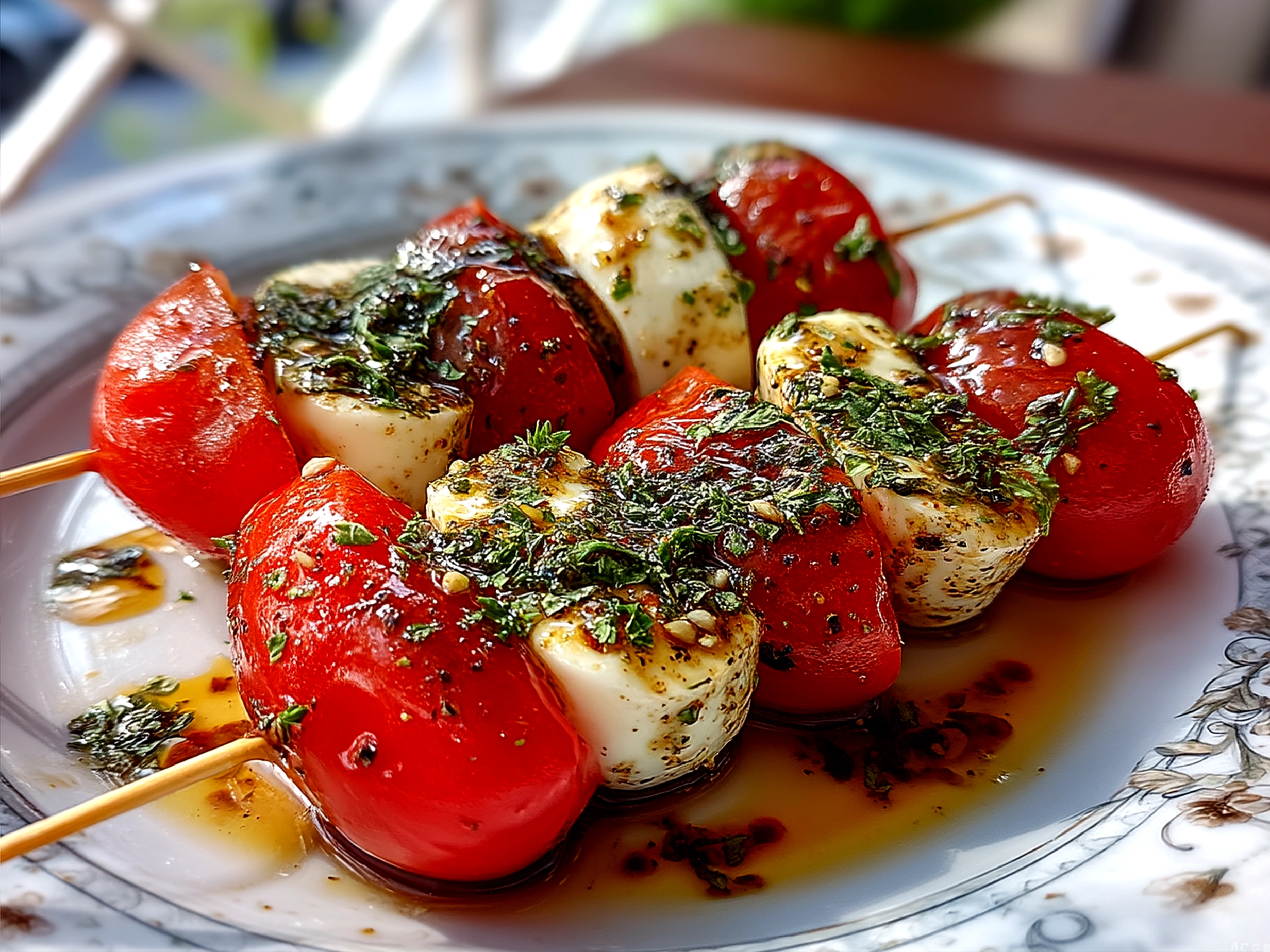 Platter of assembled Caprese Skewers drizzled with balsamic glaze and olive oil, ready to serve