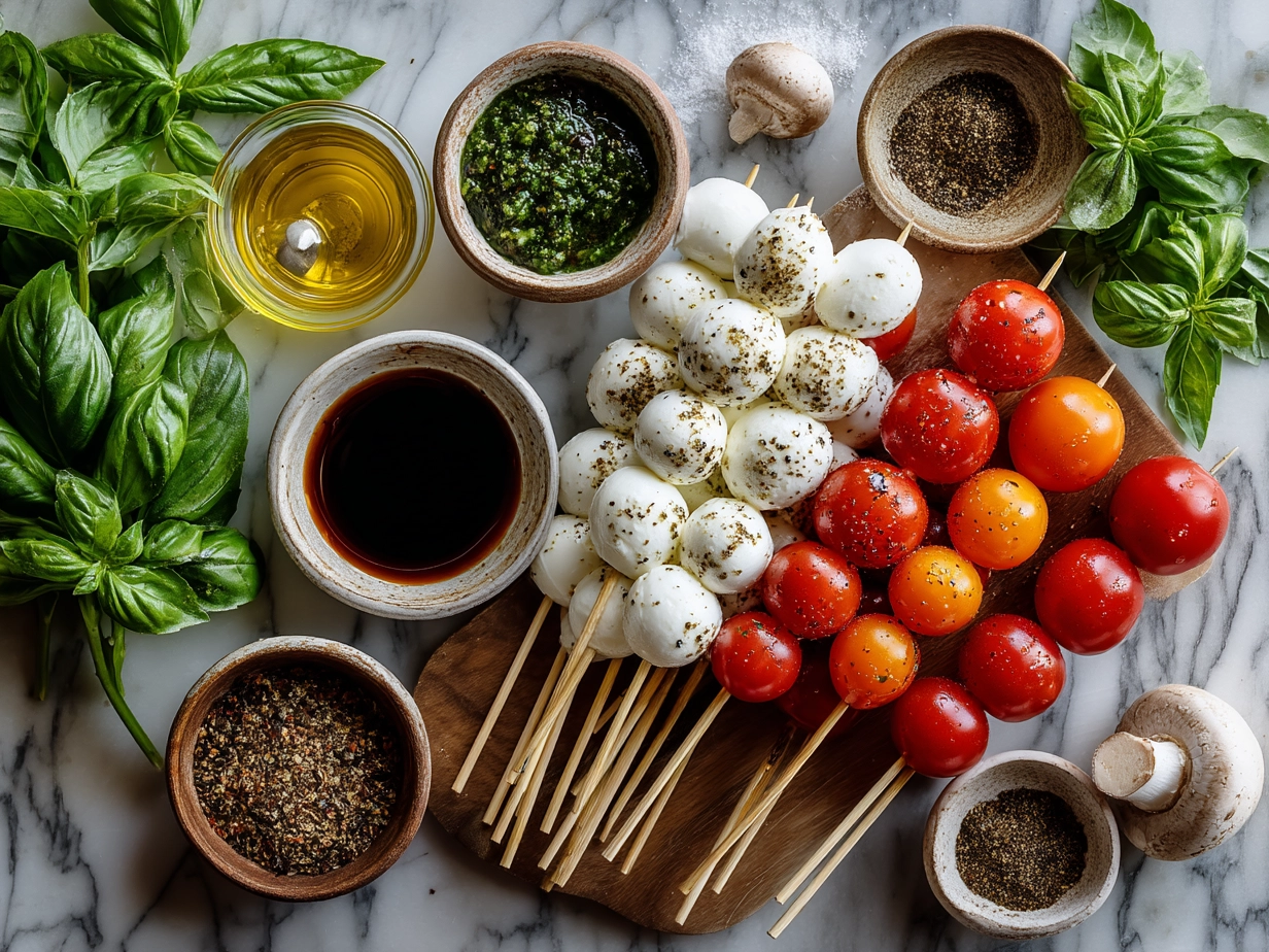 Fresh ingredients for Caprese Skewers including cherry tomatoes, fresh mozzarella balls, and basil leaves on a wooden board