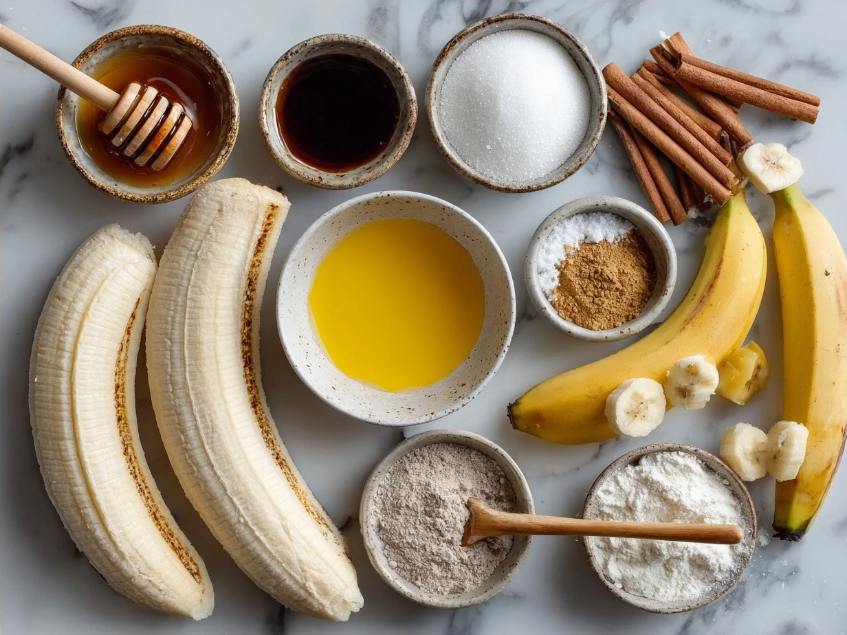 Ingredients for Caramelized Baked Banana Slices including bananas, brown sugar, butter, cinnamon, vanilla, and salt