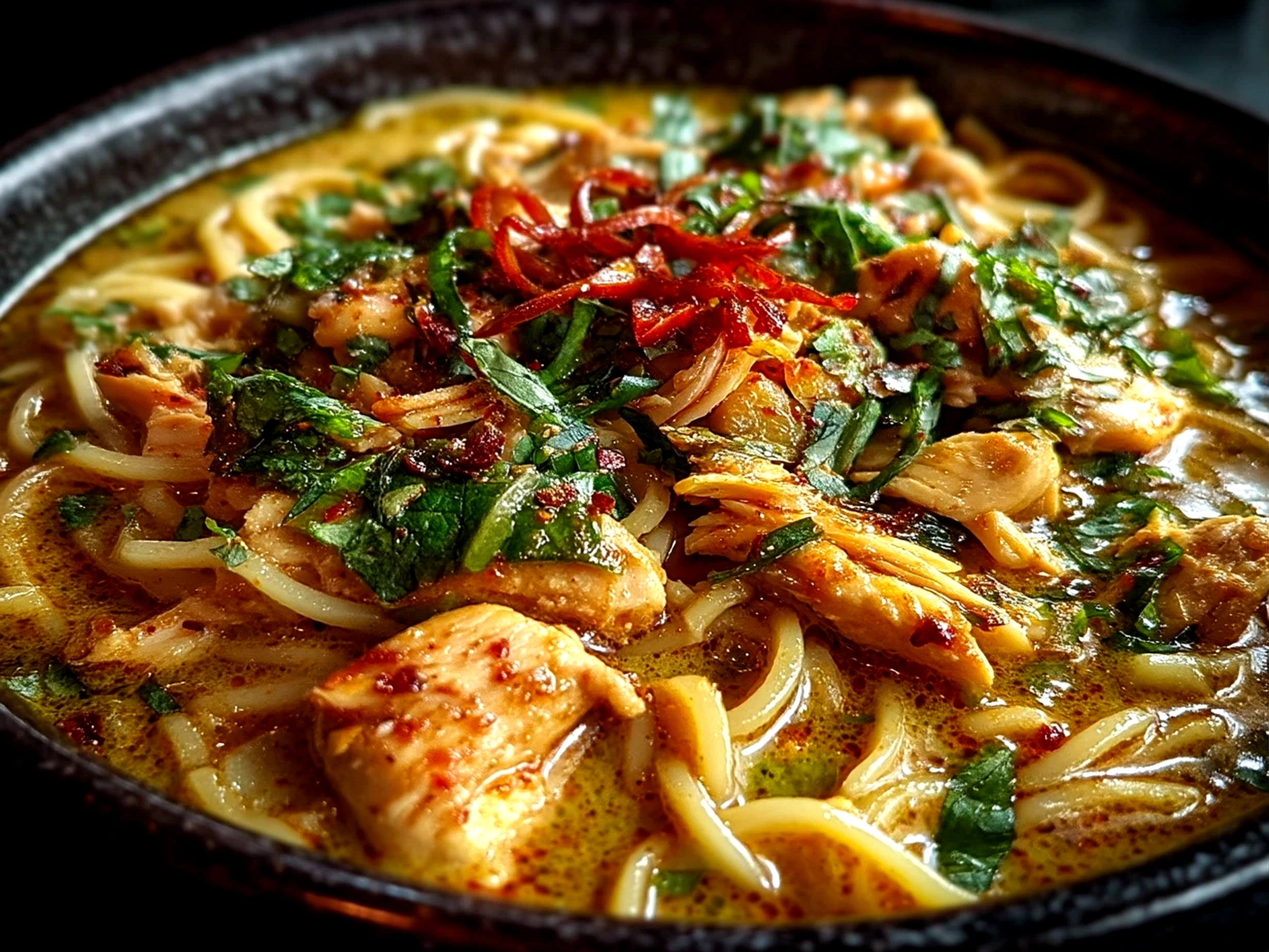 Bowl of Cheats Chicken Laksa garnished with fresh coriander and spring onions ready to serve