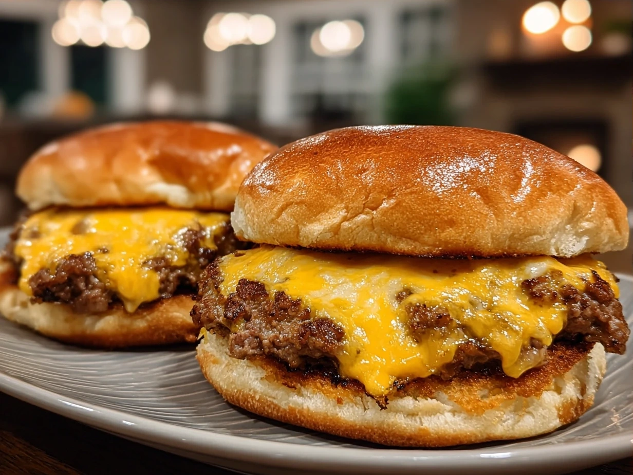Finished Cheddar Jalapeño Burgers with melted cheddar and fresh jalapeños