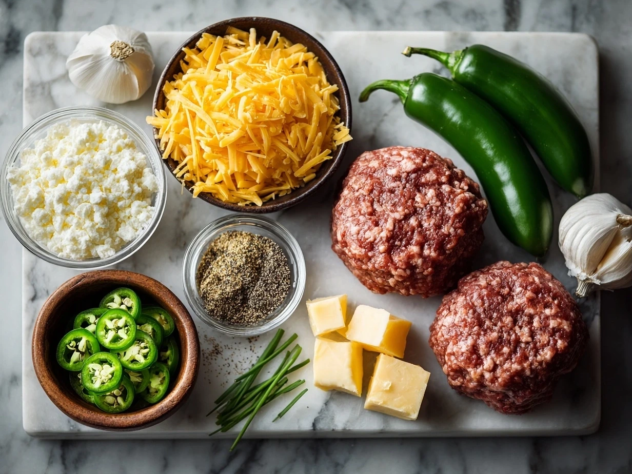 Ingredients for Cheddar Jalapeño Burgers including ground beef, cheddar cheese, jalapeños, spices, and buns