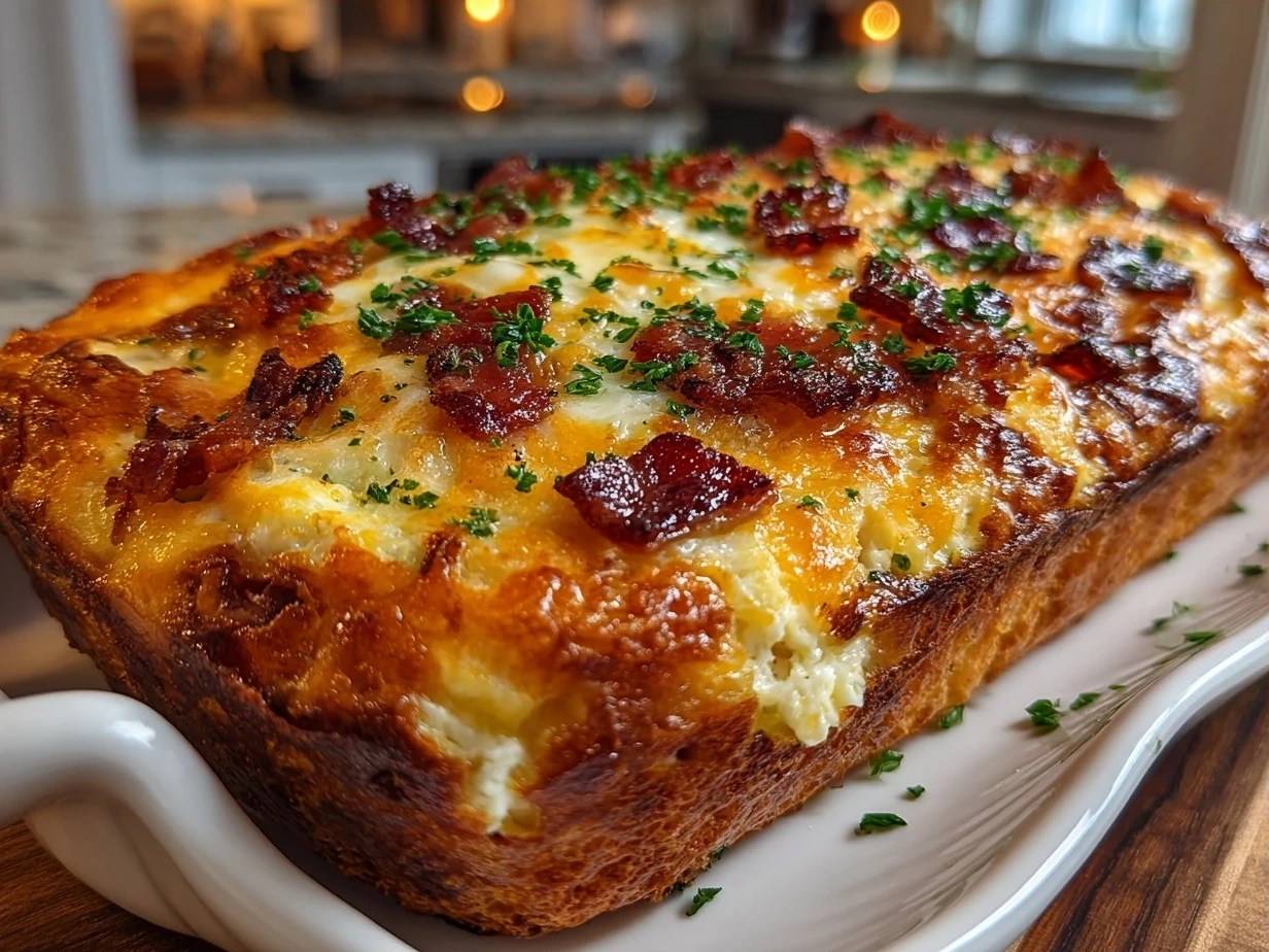 Finished Cheesy Breakfast Casserole in a baking dish, golden and bubbling