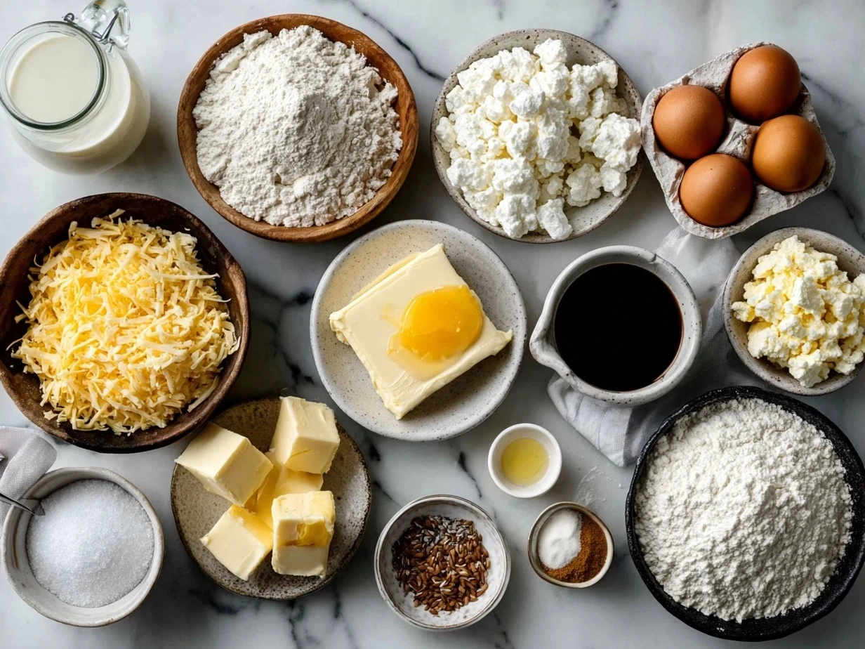 Ingredients for Cheesy Breakfast Casserole including eggs, bread cubes, cheese, sausage, and spices