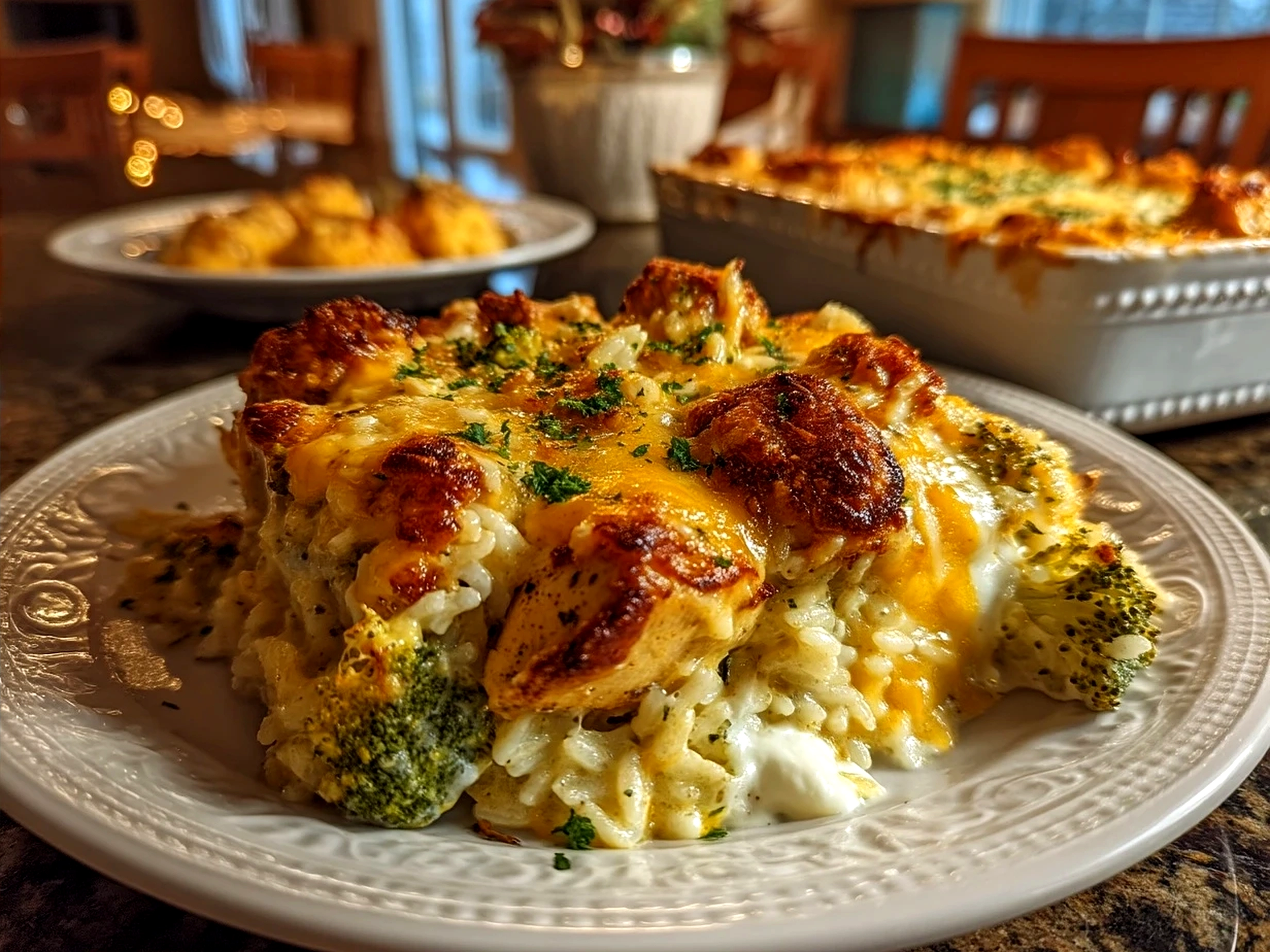 Finished Cheesy Broccoli Chicken and Rice Casserole served with salad