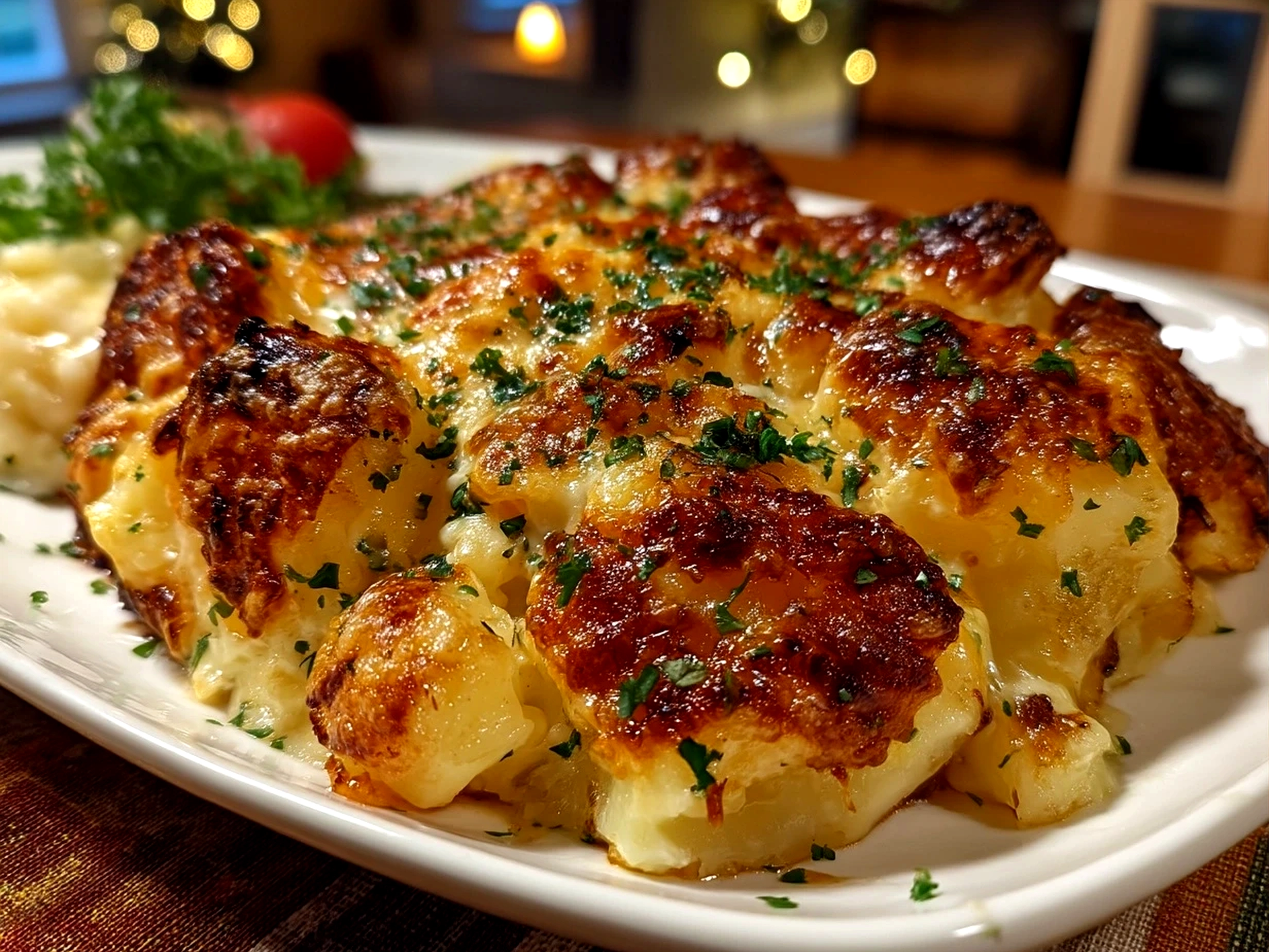 Baked cheesy potatoes with golden crust served in rustic ceramic dish garnished with fresh parsley