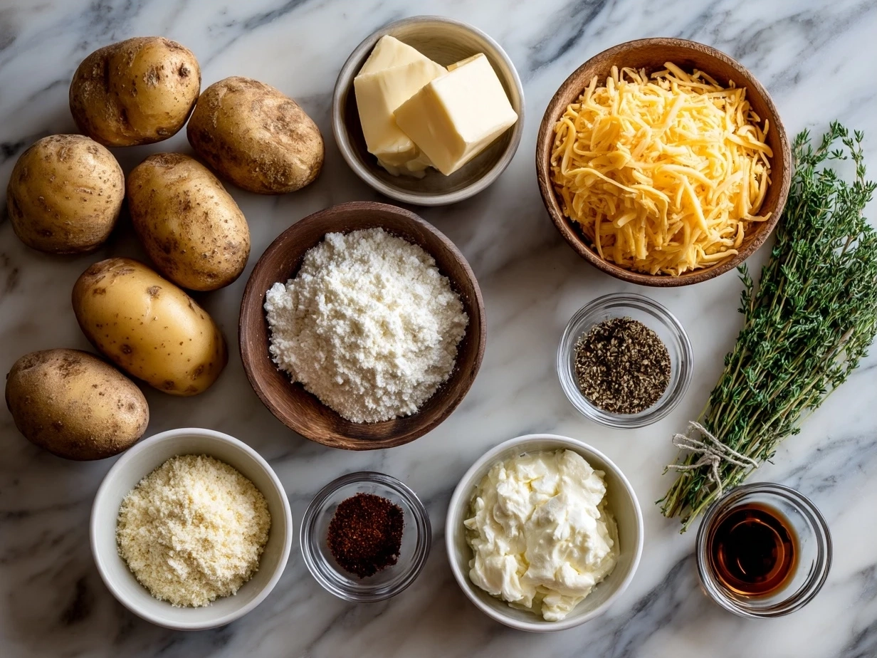 Ingredients for creamy cheesy potatoes recipe including potatoes, cheese, cream, and butter