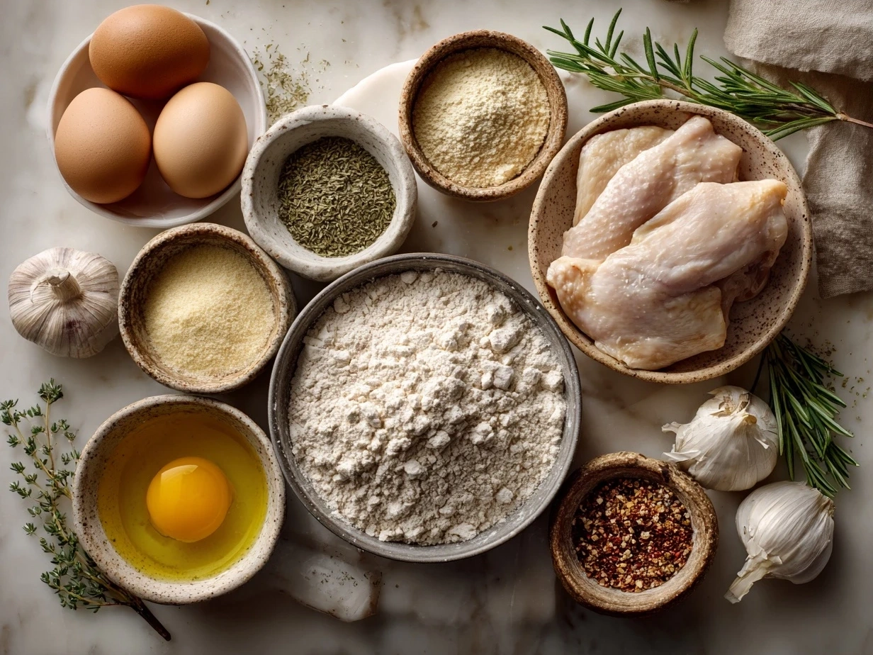 Ingredients for making chicken and dumplings including chicken thighs, flour, vegetables, butter, and spices