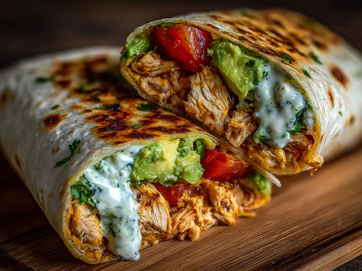 A finished Chicken Avocado Ranch Burrito, cut in half to show the creamy avocado ranch sauce and juicy chicken inside
