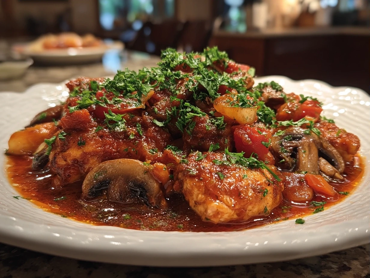 Final plated Chicken Cacciatore served with herbs and crusty bread