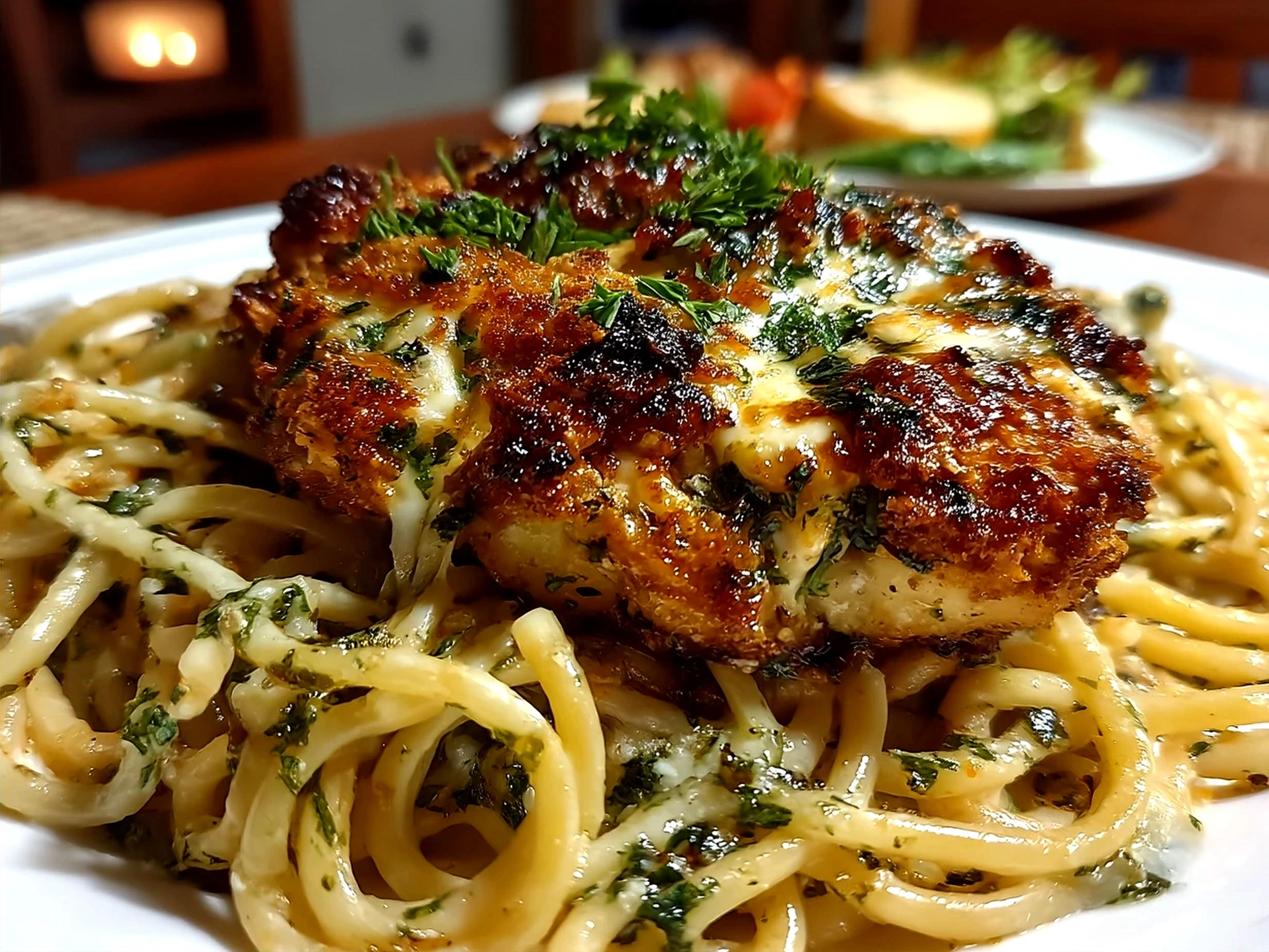 Delicious plate of Chicken Garlic Parmesan Pasta garnished with parsley