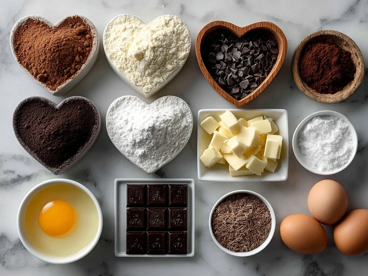Ingredients for Chocolate Cut-Out Heart Cookies laid out neatly