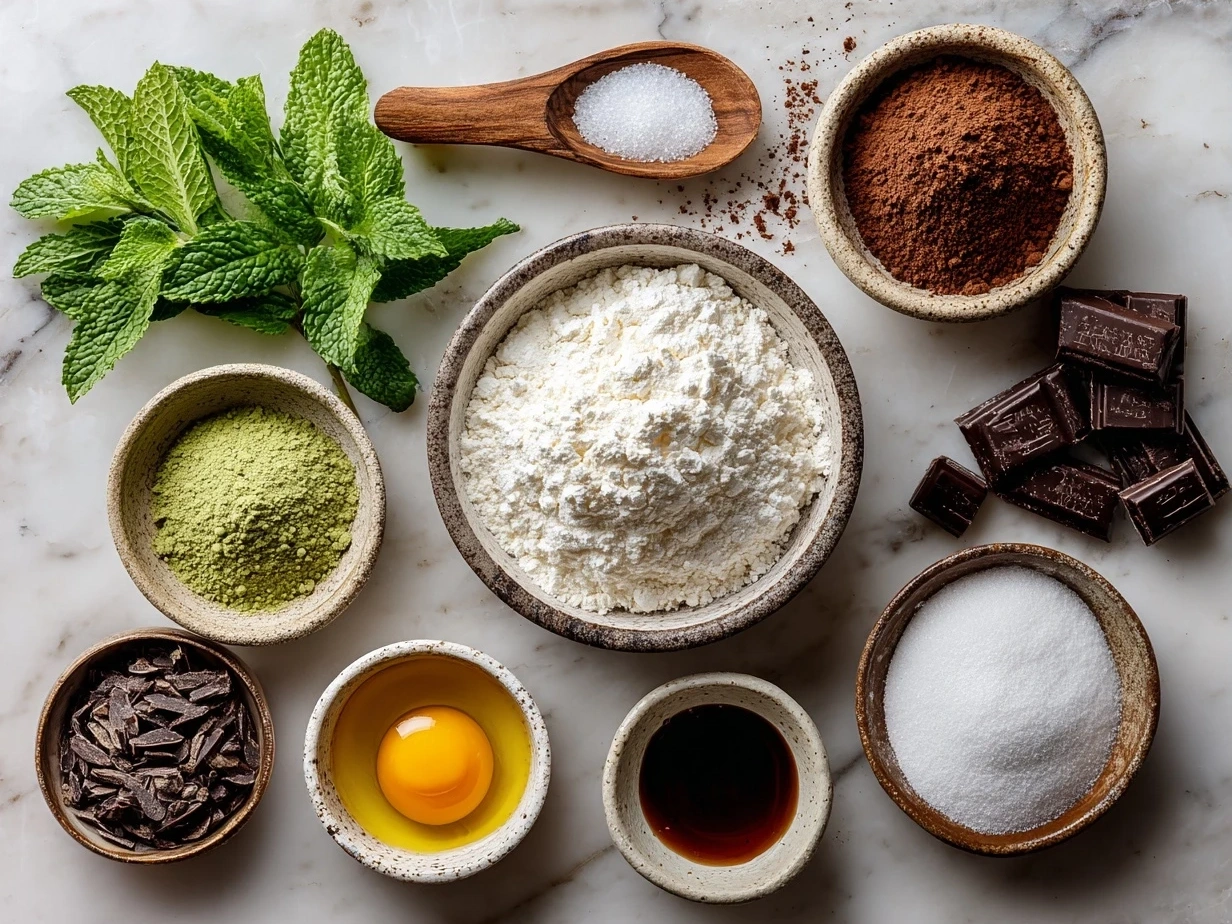 Ingredients for Chocolate Mint Crinkles including cocoa powder, eggs, sugar, and powdered sugar