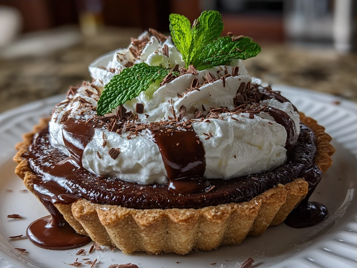 Finished Chocolate Mint Pie on a serving plate with mint garnish