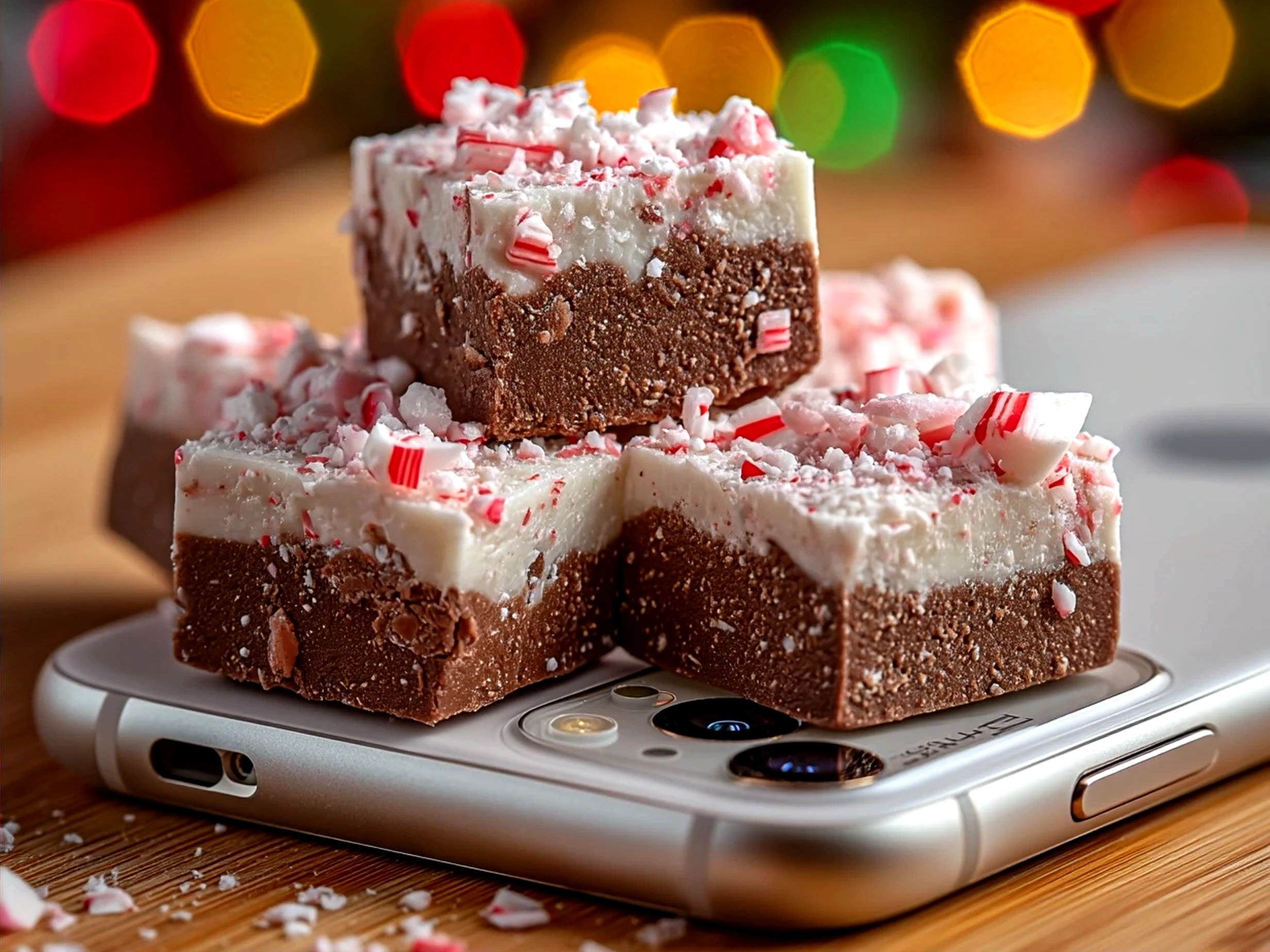 Serving plate with freshly cut squares of creamy Chocolate Peppermint Fudge topped with crushed peppermint candies