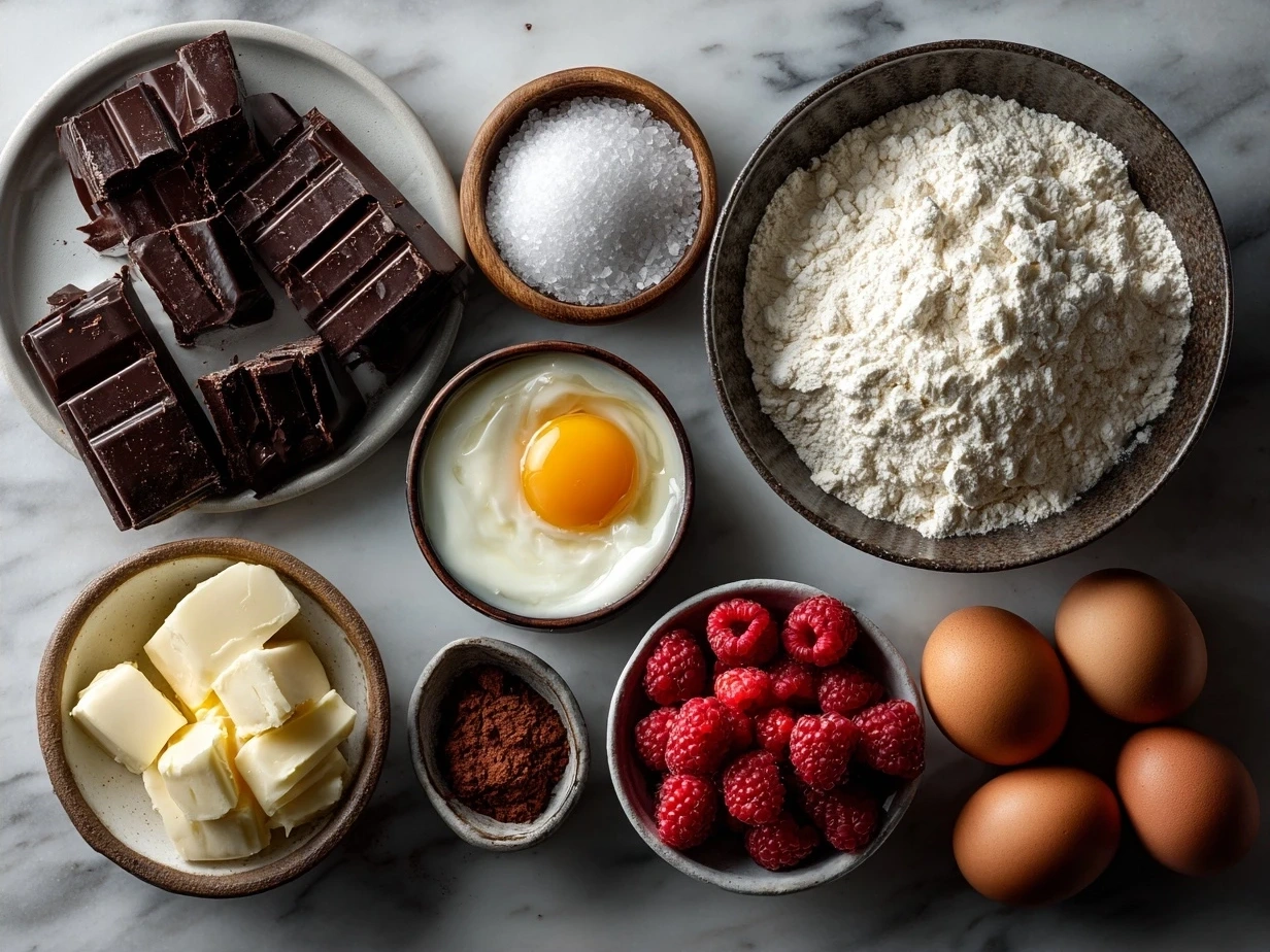 Ingredients laid out for Chocolate Raspberry Cake including flour, cocoa, raspberries, butter.
