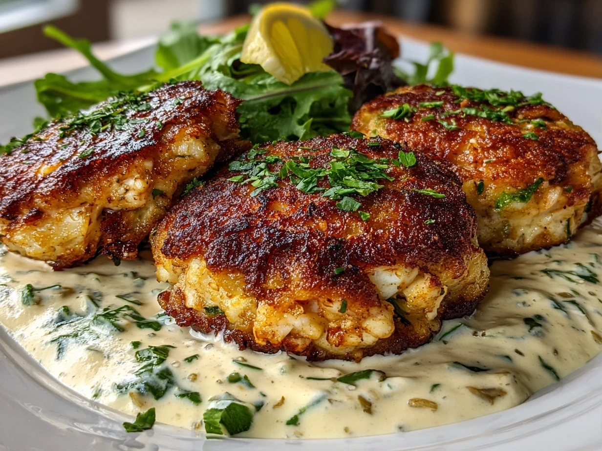 Close-up of finished golden Maryland Crab Cakes on plate