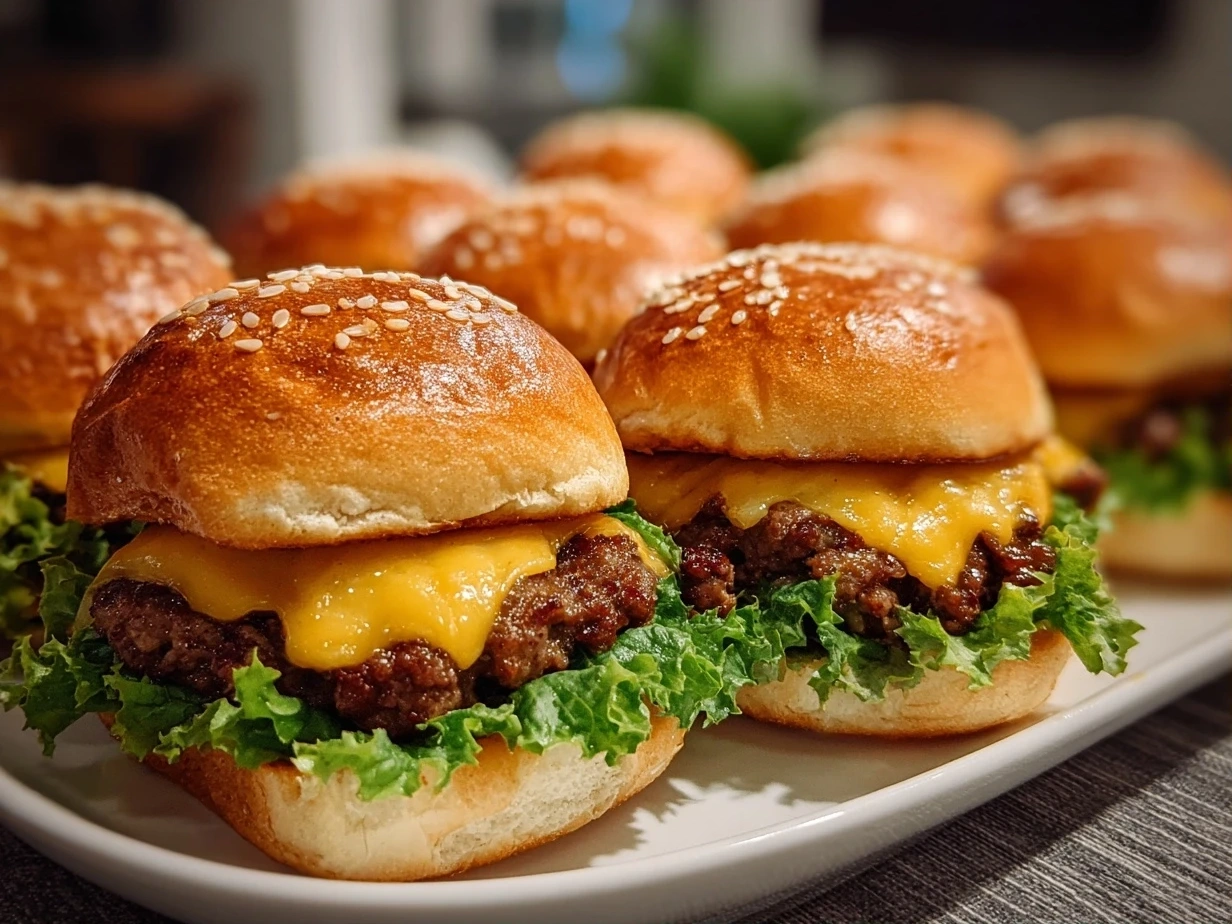 Close-up of Cheeseburger Sliders on Hawaiian Rolls