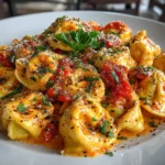 Close-up of homemade cheese tortellini in creamy marinara