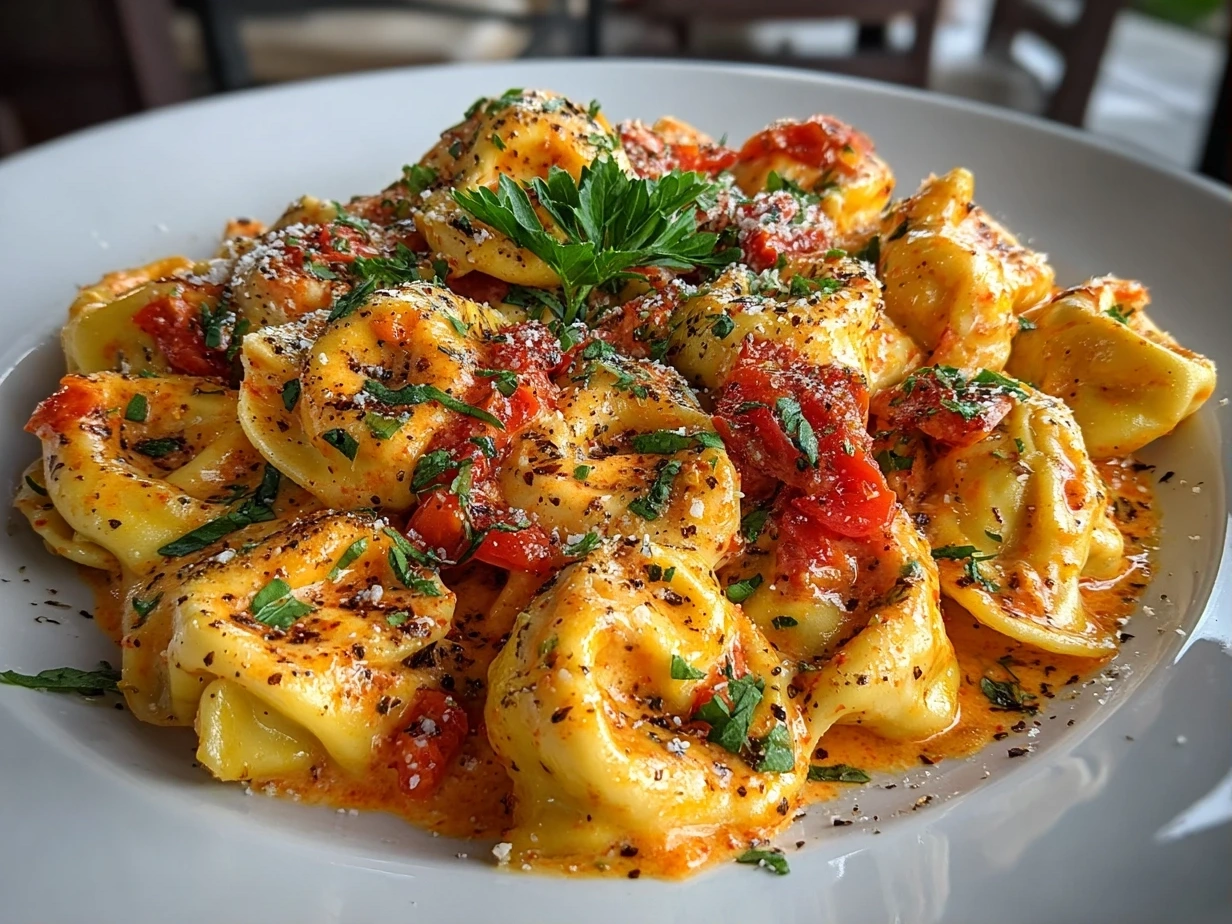 Close-up of homemade cheese tortellini in creamy marinara