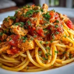 Close-up of Homemade Crockpot Chicken Spaghetti
