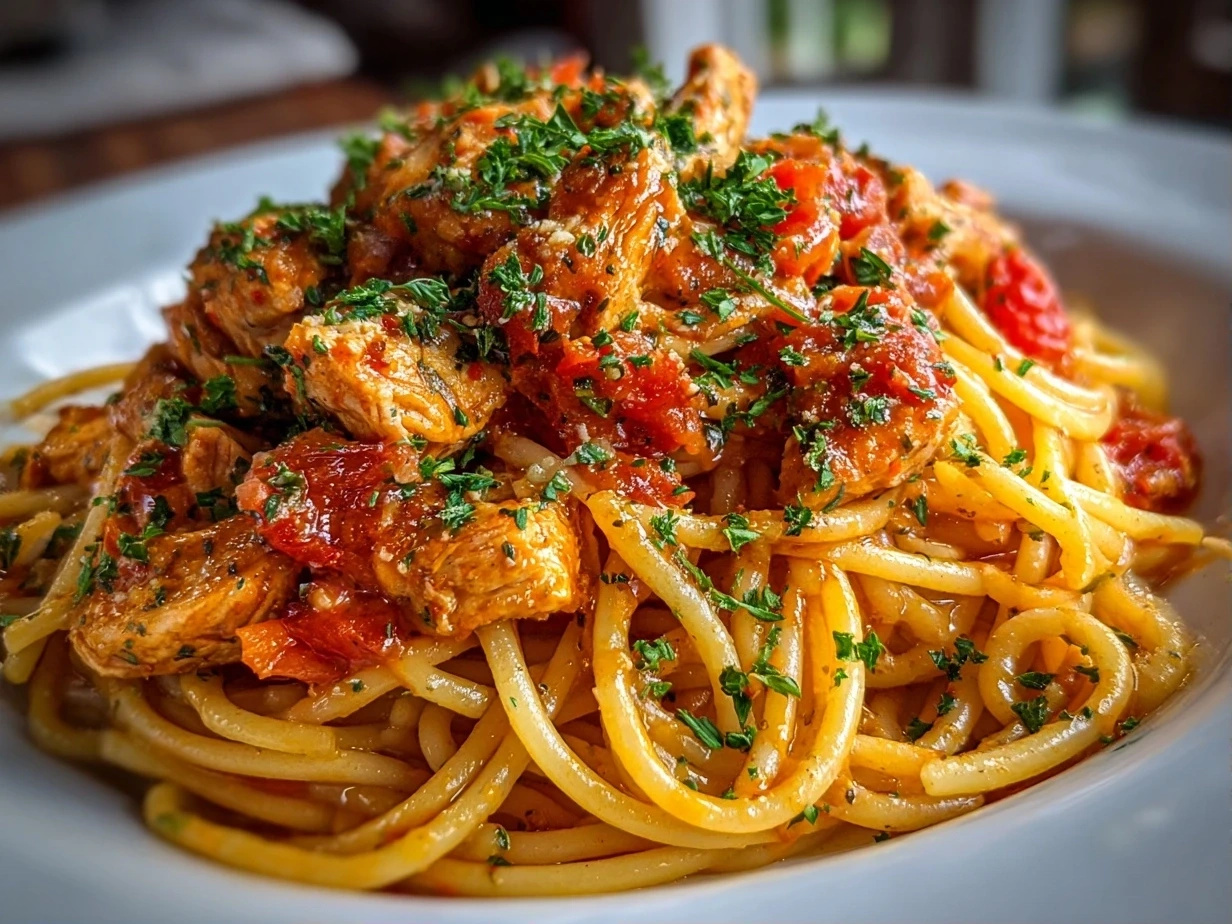 Close-up of Homemade Crockpot Chicken Spaghetti