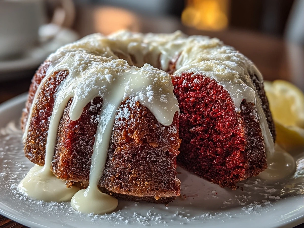 Close-up of homemade Red Velvet Cream Cheese Bundt Cake