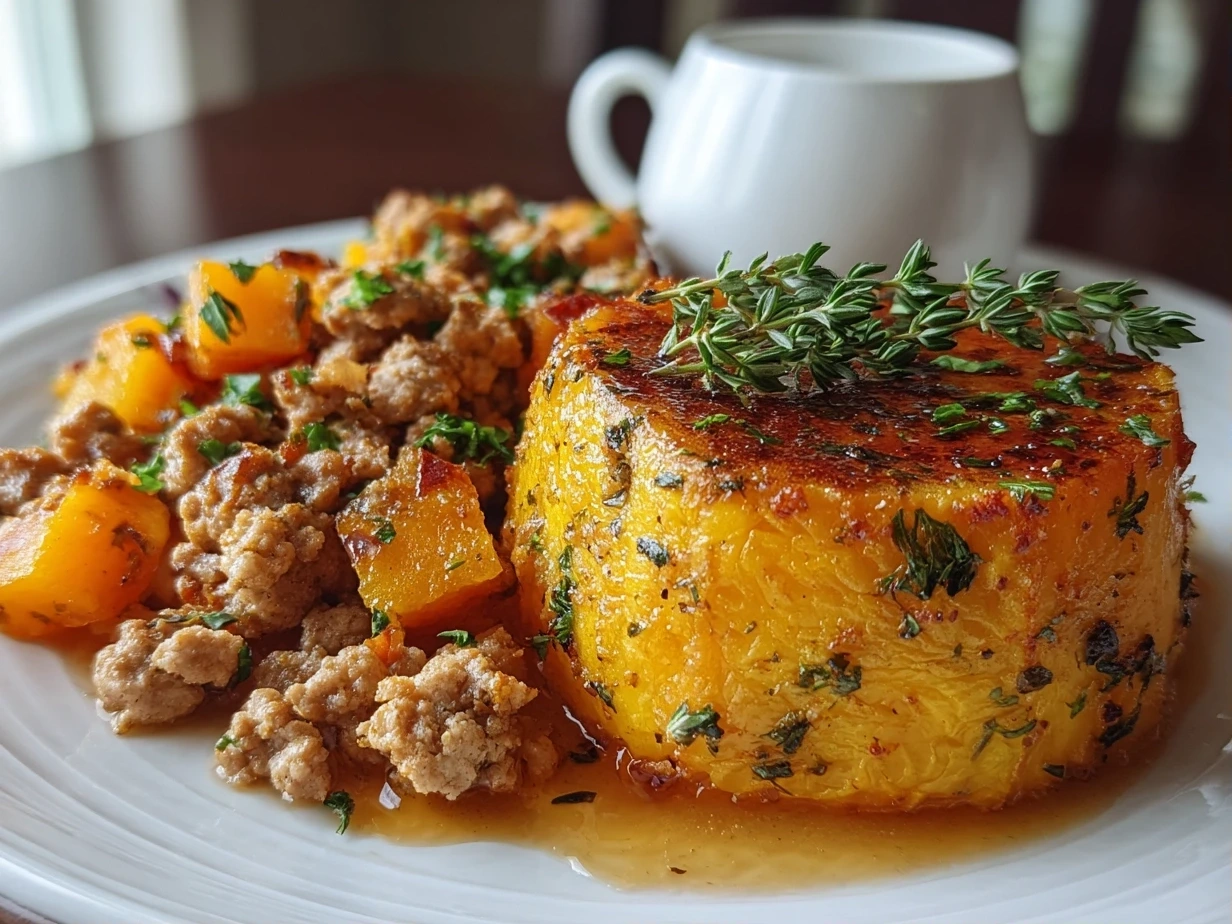 Close-up of roasted butternut squash with ground turkey