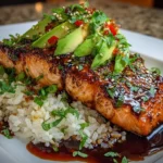 Close-up of Teriyaki Salmon Avocado Rice