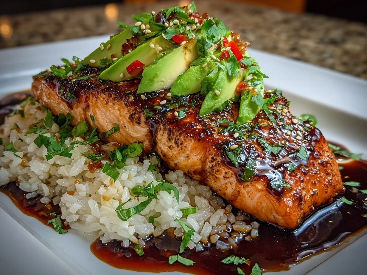 Close-up of Teriyaki Salmon Avocado Rice