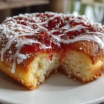 Close-up slight angle of freshly prepared jam donut focaccia on white plate
