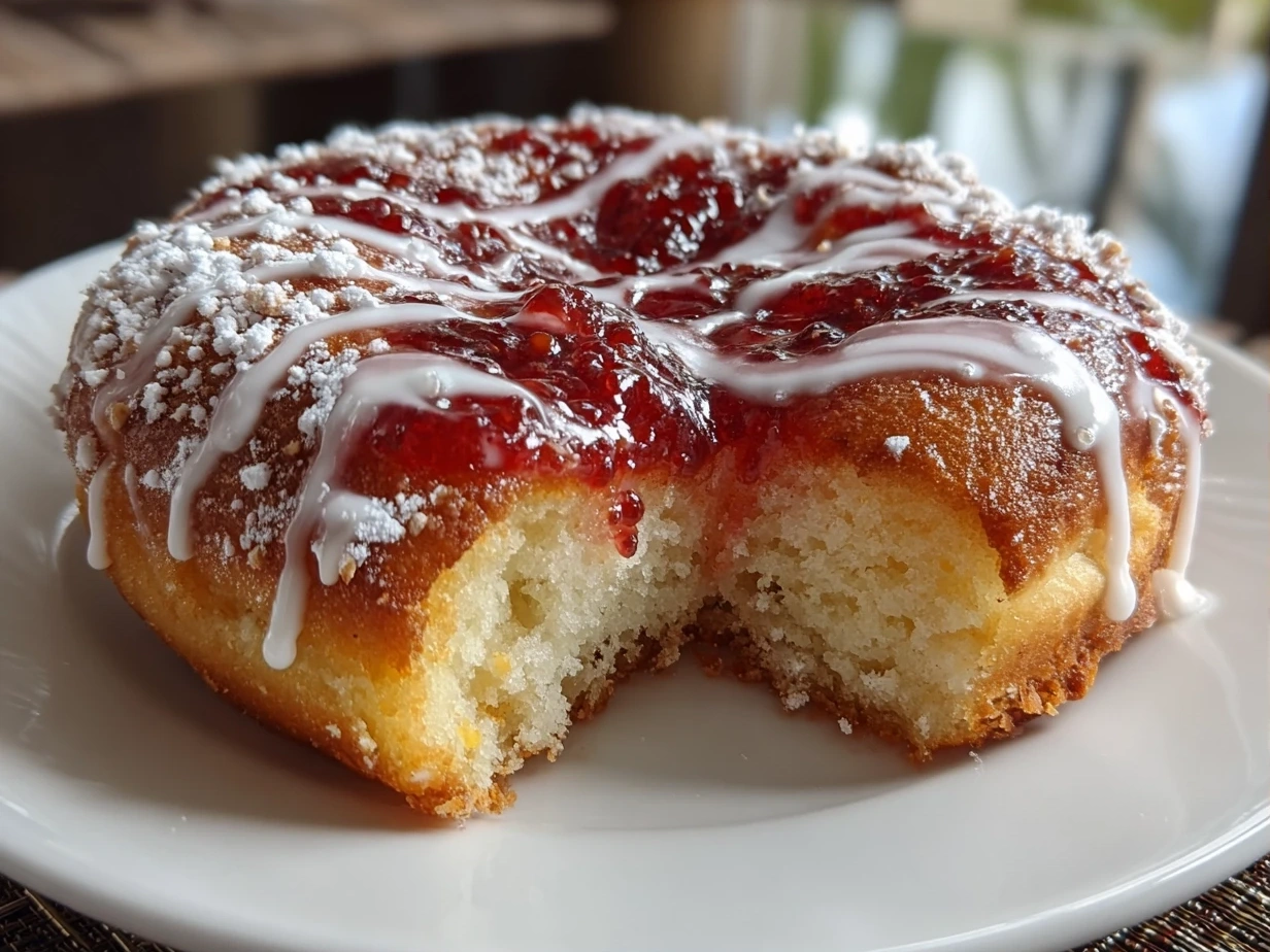 Close-up slight angle of freshly prepared jam donut focaccia on white plate